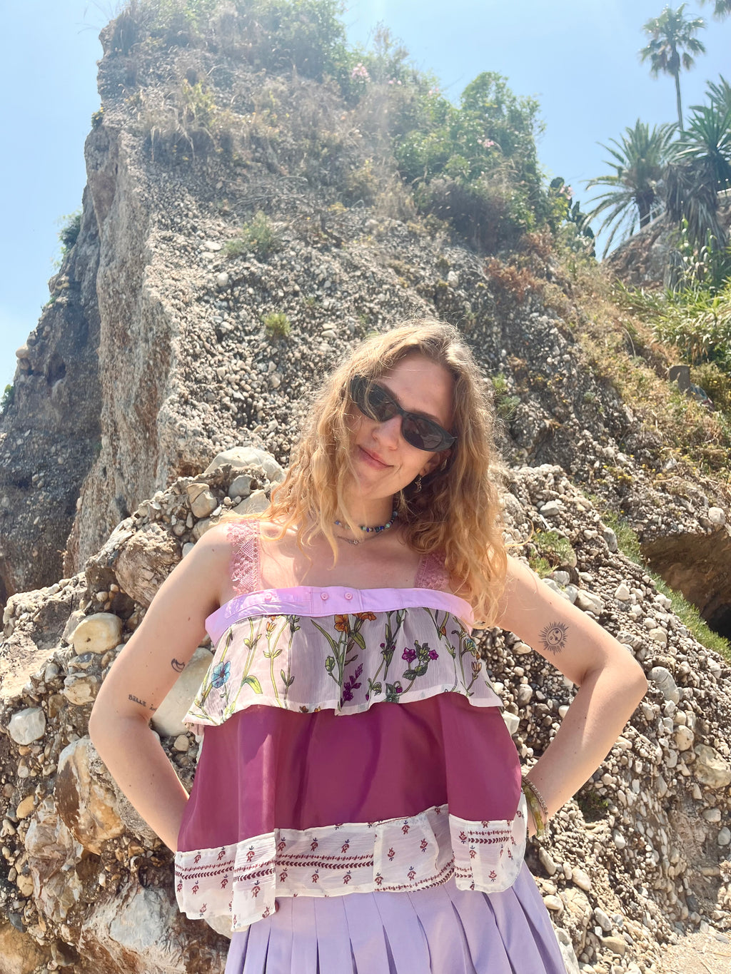 Upcycled hot pink festival crop top summer outfit