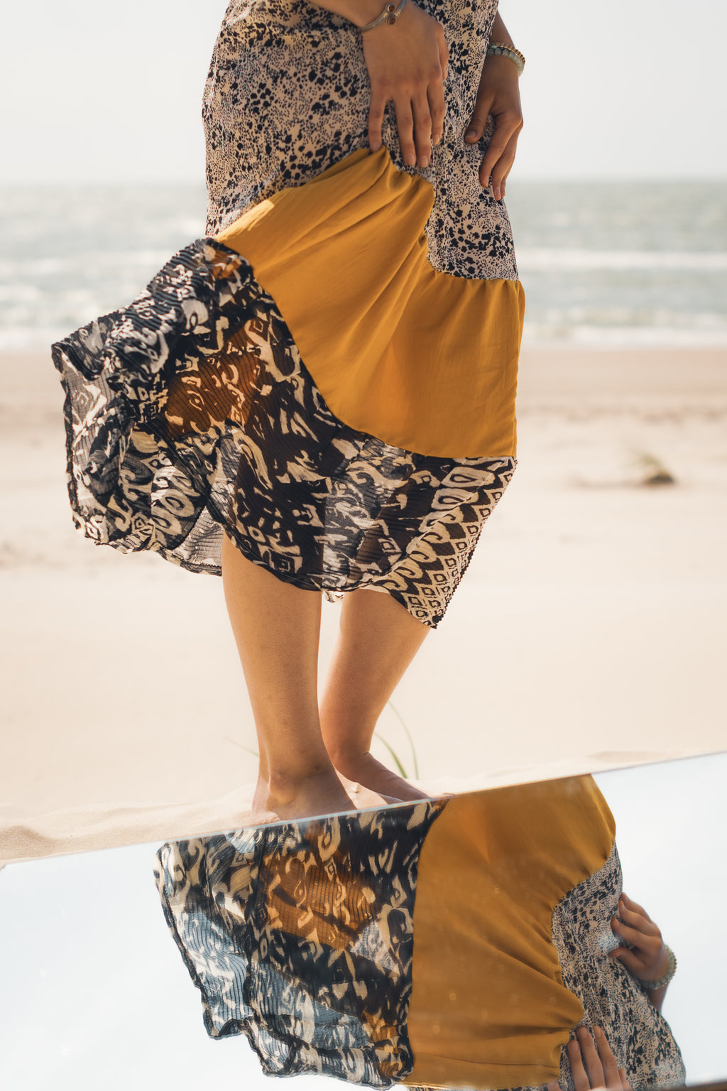 Butter yellow handmade tiered maxi skirt front view with elastic waist