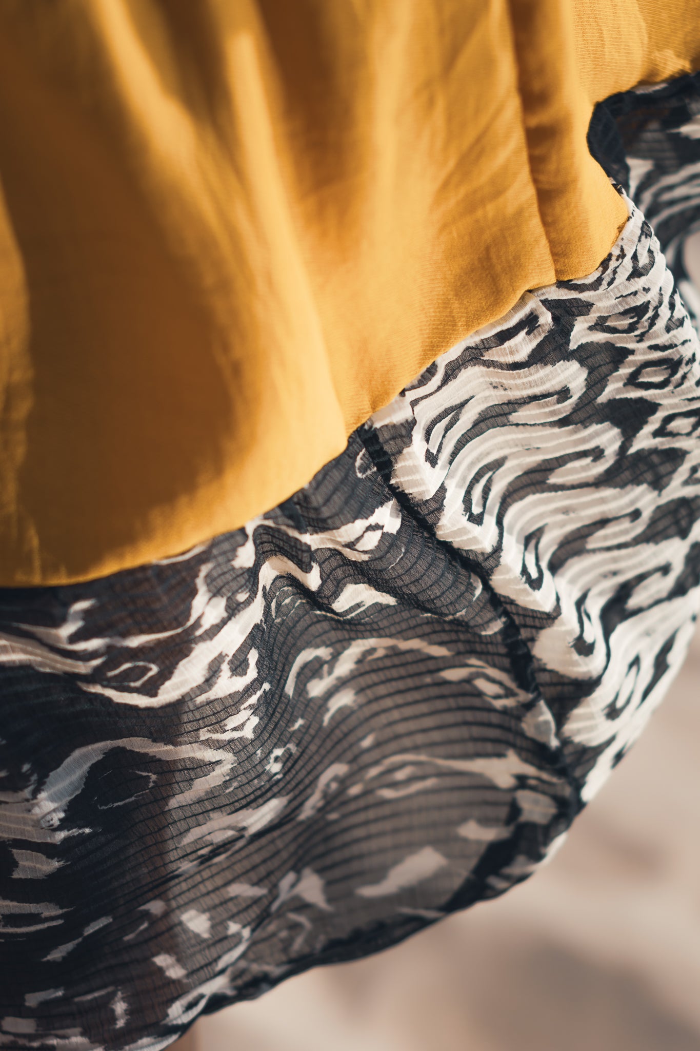 Handmade stitching detail on butter yellow boho maxi skirt