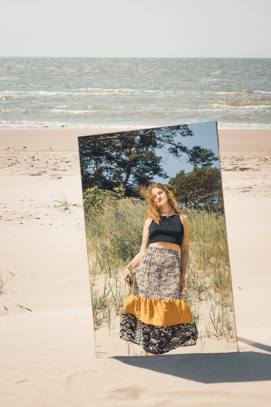 Boho summer outfit featuring butter yellow handmade maxi skirt