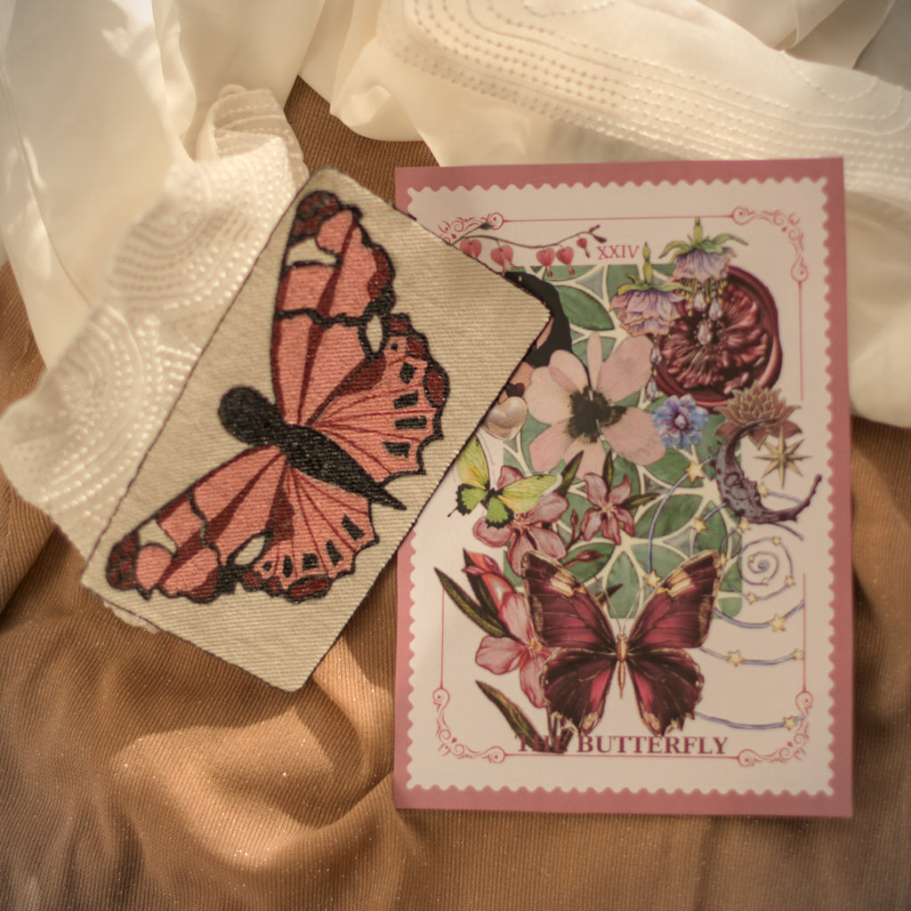 boho craft flat lay with butterfly iron on patch