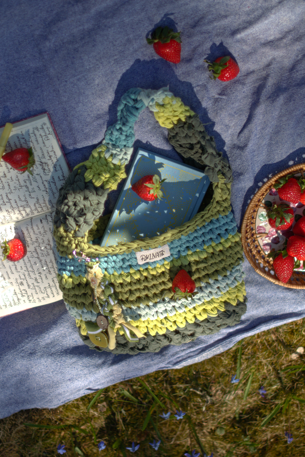 Crocheted bag with strawberries in a pick nick