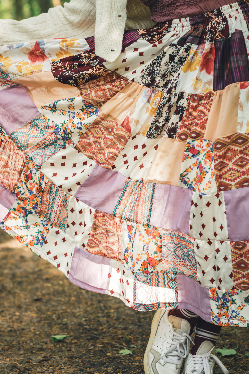 handmade recycled fabric tiered skirt close up