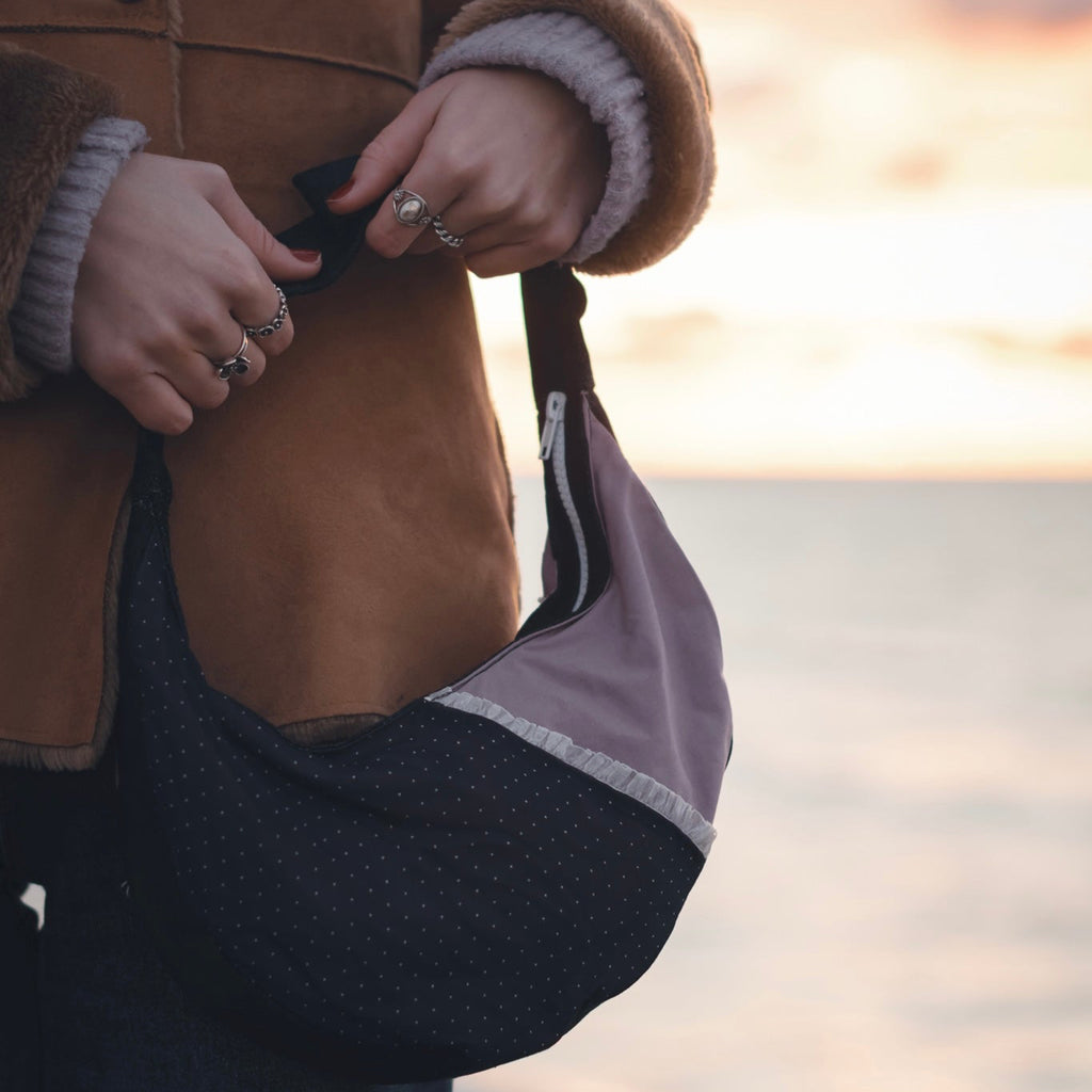 Reversible side of handmade upcycled tote bag showing two-piece fabric design, sustainable eco-friendly handbag