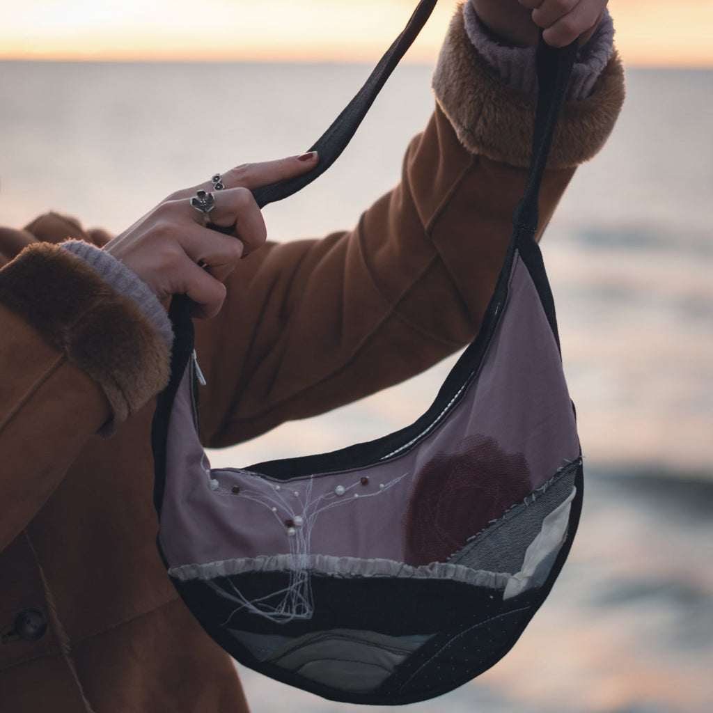 Handmade upcycled tote bag with sunset embroidery, front view, eco-friendly reversible purse