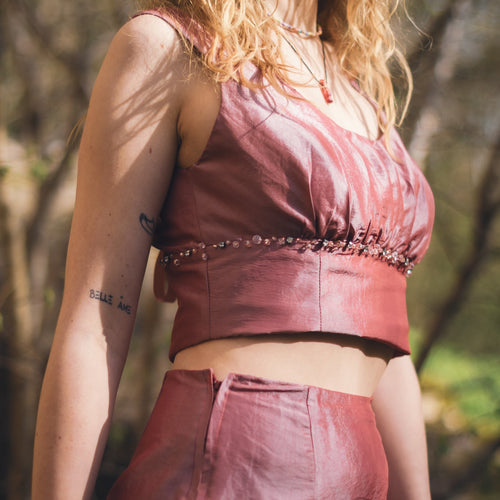 Upcycled hot pink fairy skirt set with pearl top and mini skirt