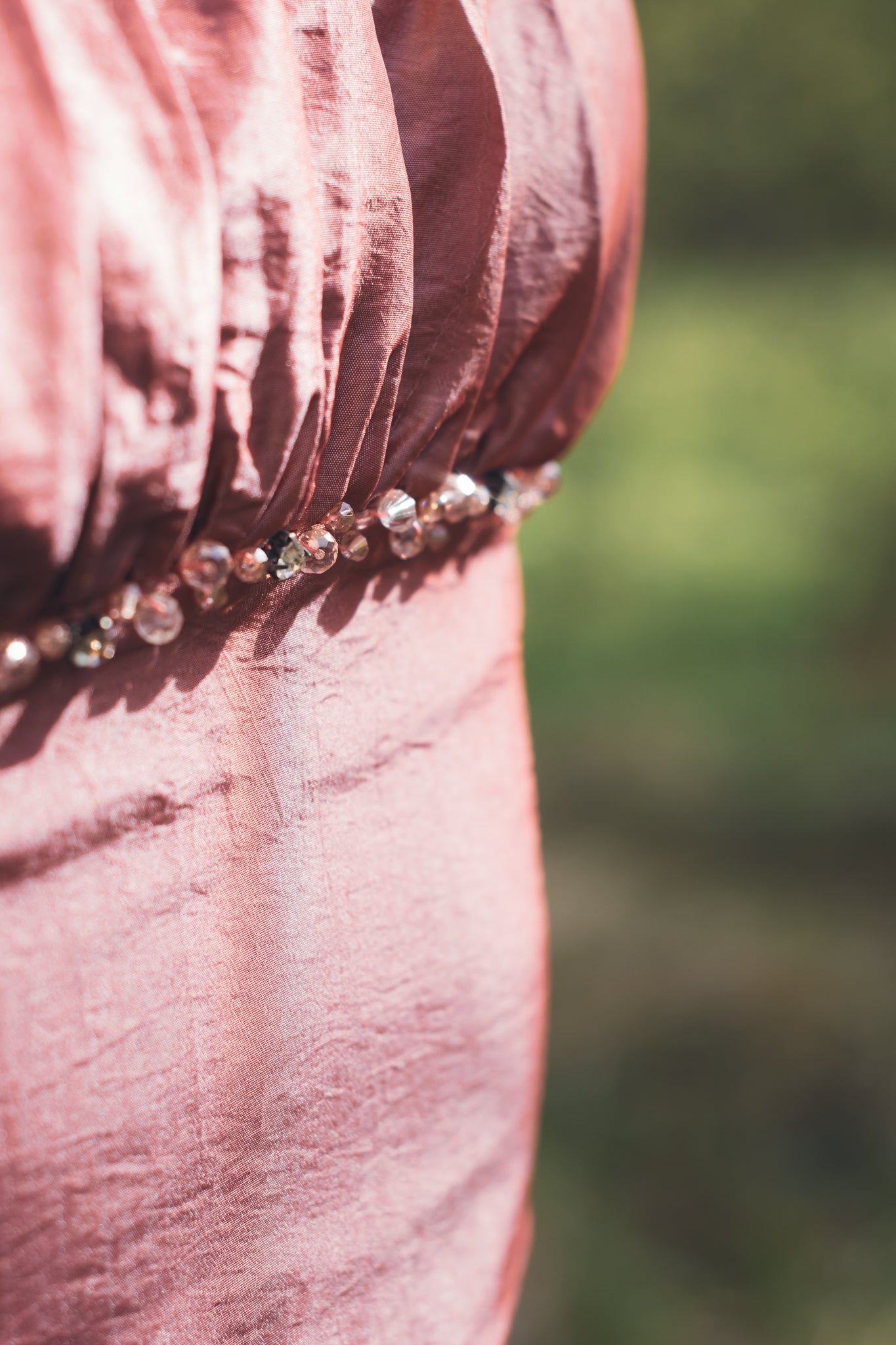 Pearl embellished top detail on upcycled hot pink outfit
